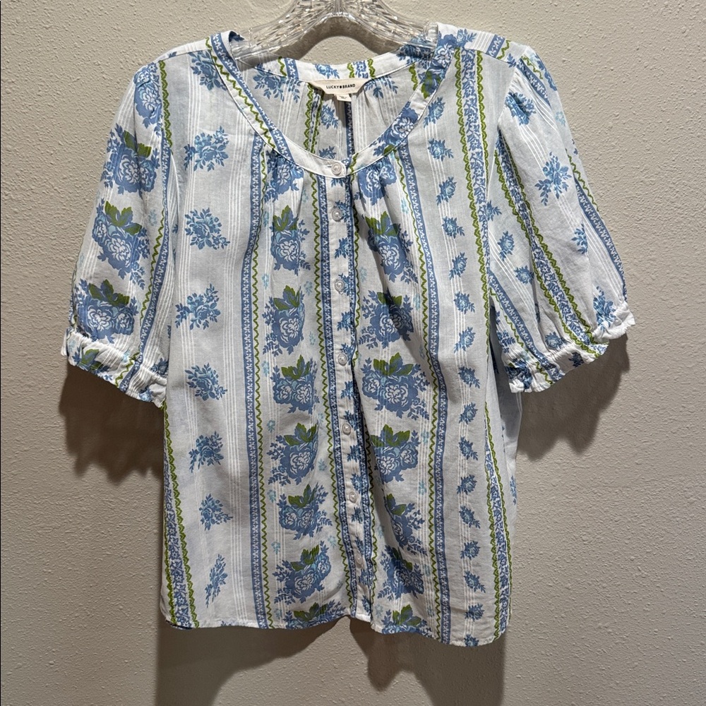 Lucky Brand Blue and White Floral Button-Front Blouse